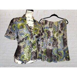 Lafayette 148 Linen 2pc Skirt Suit Set Women SM Green Floral Midi Tie Front